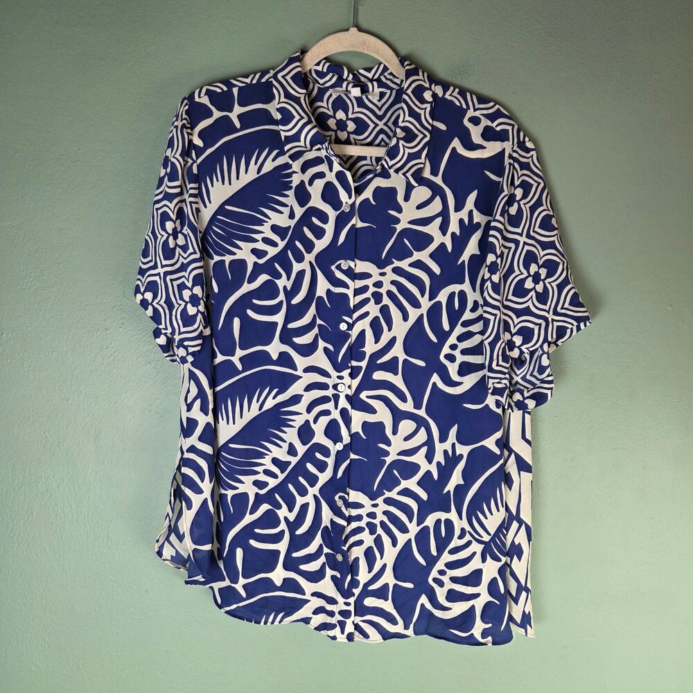 Rose+Olive Womens Blue Off White Leaf Print Button Up Short Sleeve Top 1X Resort